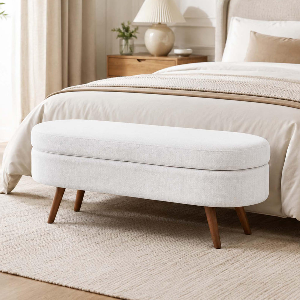 White Oval Storage Ottoman Bench with Rubber Wood Legs U74318