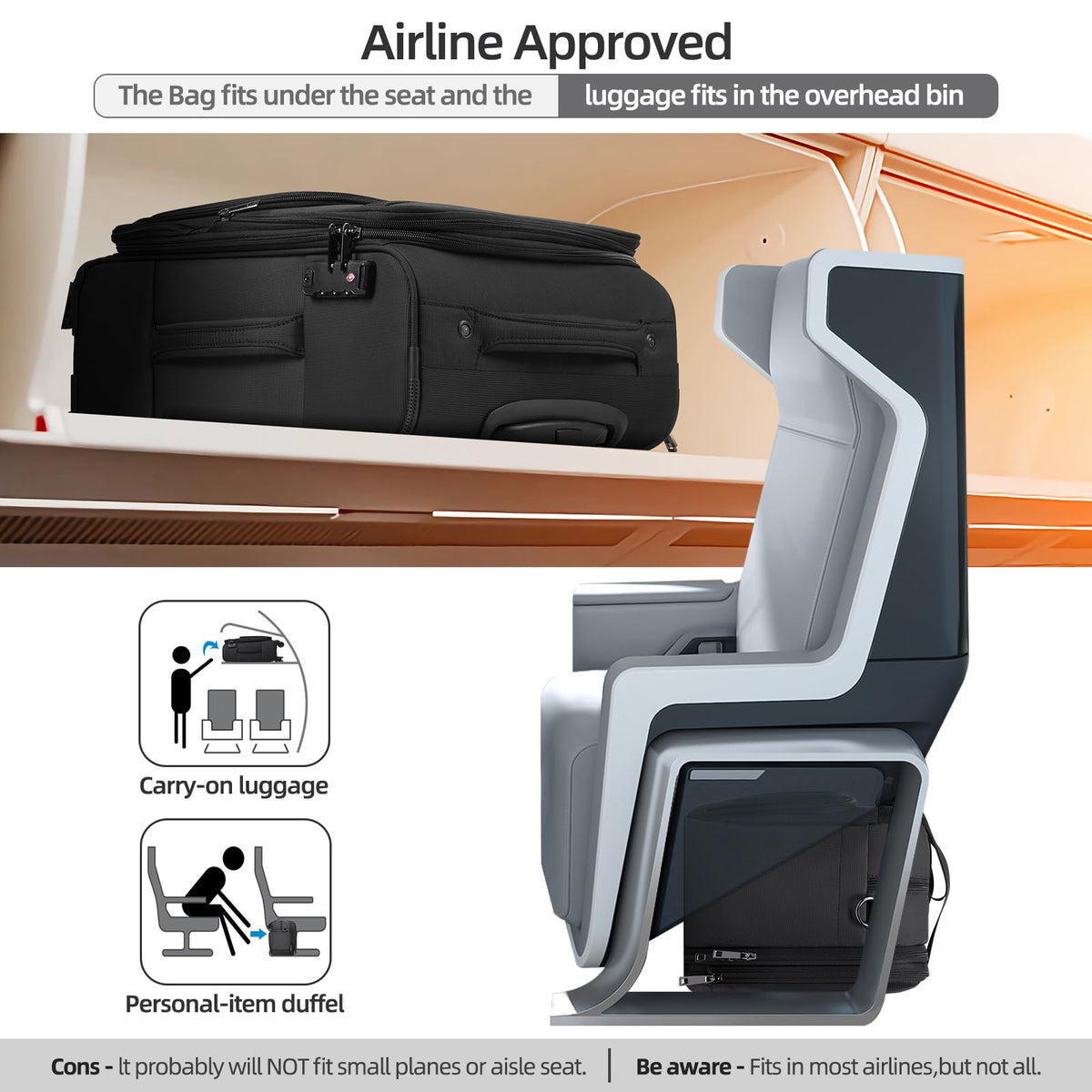 Black Expandable Carry-On Luggage Duffel Bag with Adjustable Strap E85718