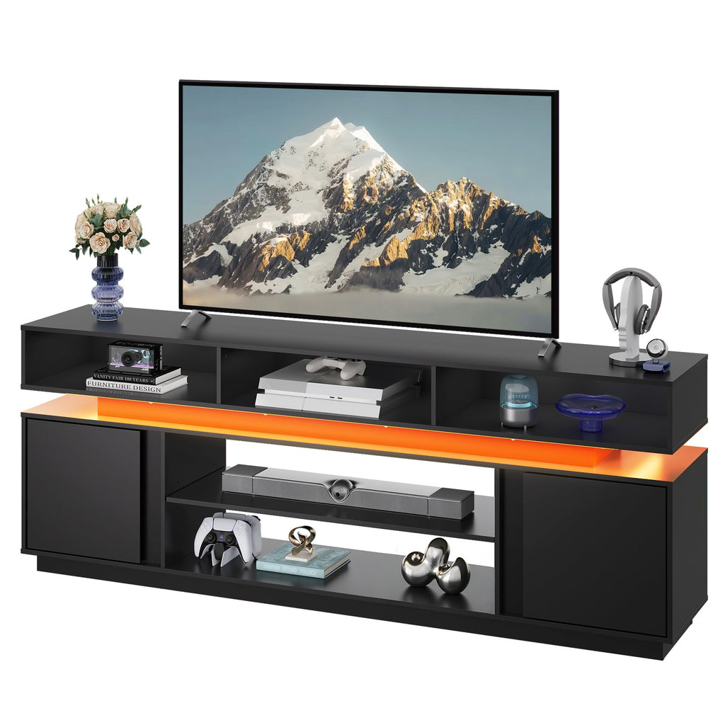 Black 2 Tier TV Stand with RGB LED Lights and Storage Cabinets W98663