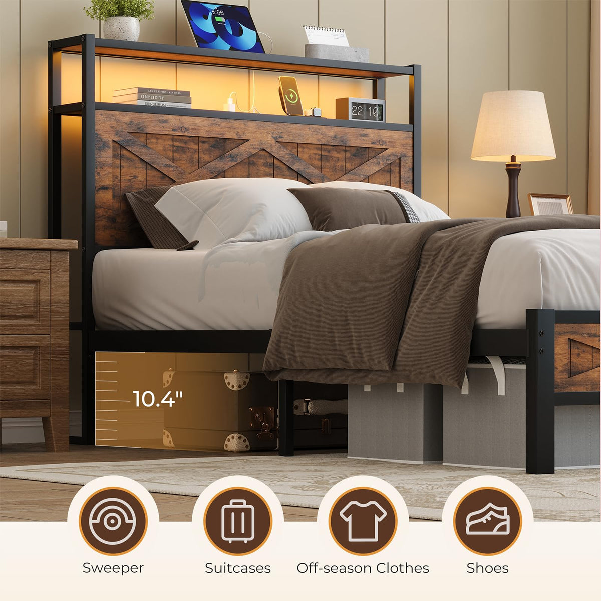 Twin Metal Bed Frame with Storage Headboard S930
