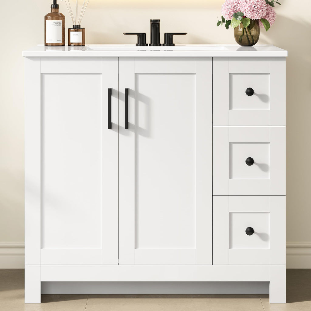 36" White Bathroom Vanity with Sink, 2 Soft-Close Drawers & Doors W72011