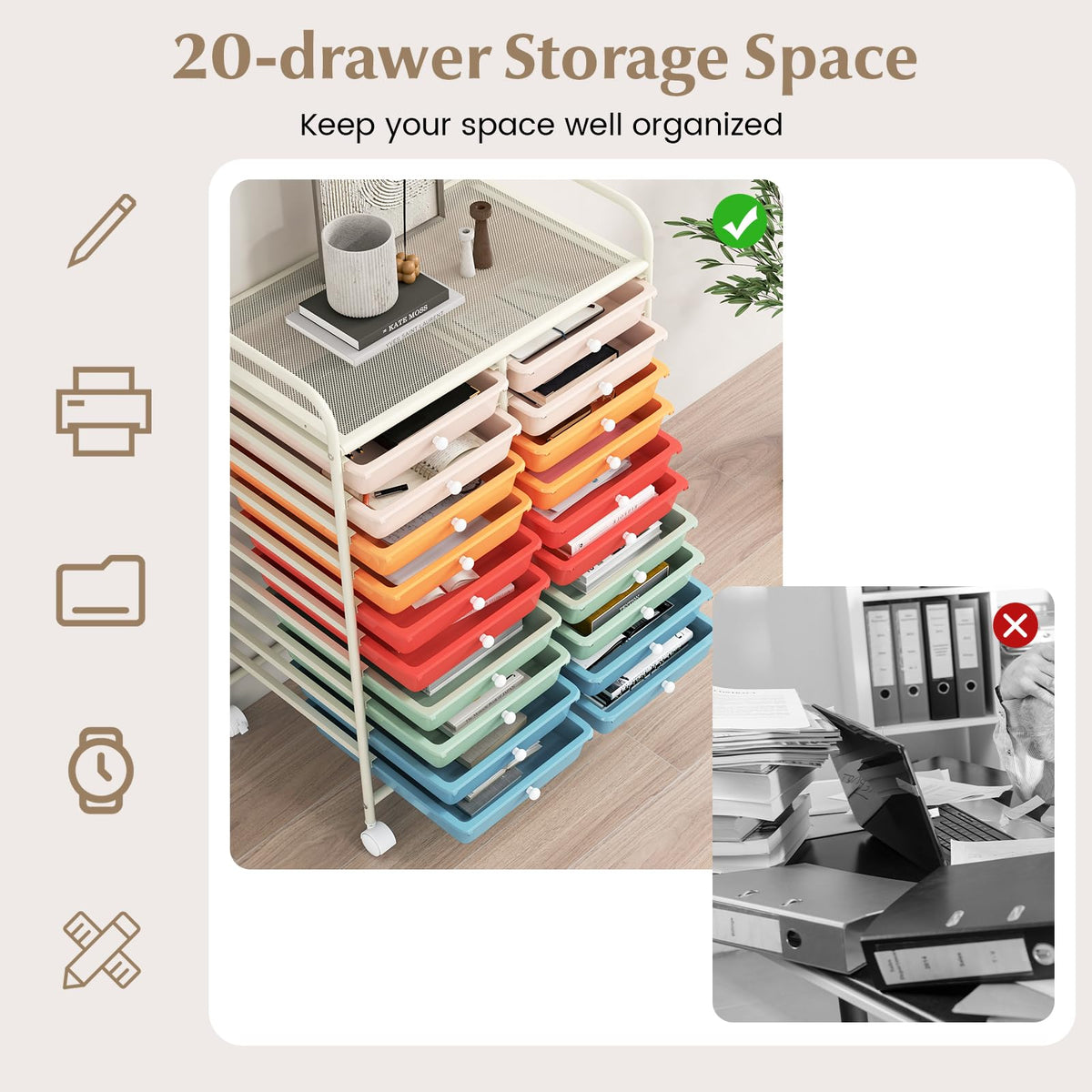 20 Drawer Rolling Storage Cart with Lockable Wheels K327643