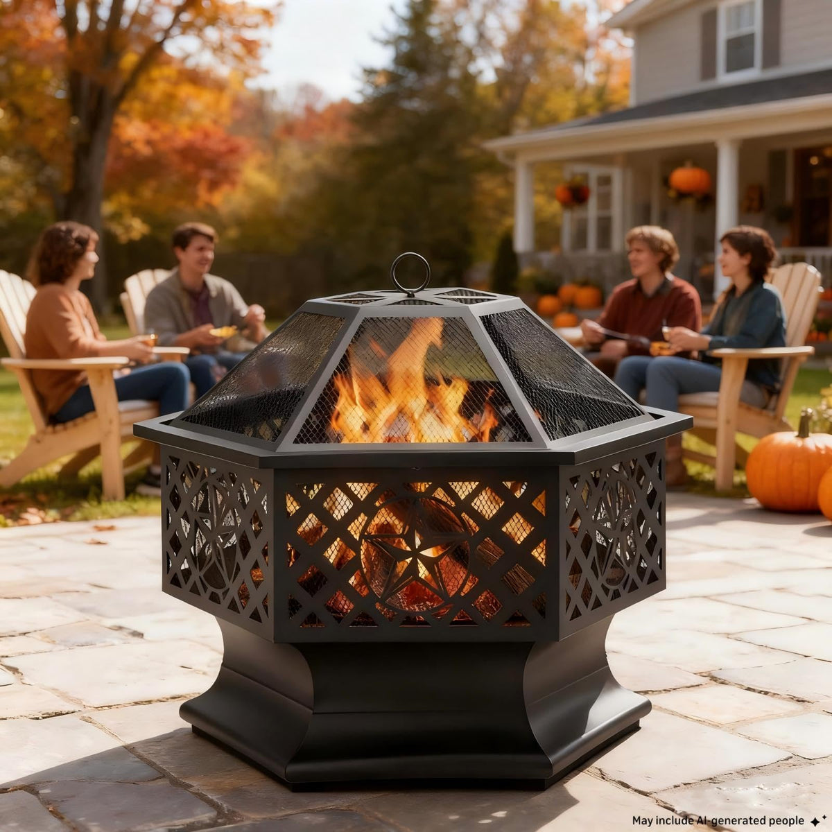 28 Inch Hexagonal Fire Pit with Spark Screen & Fire Poker Black F715
