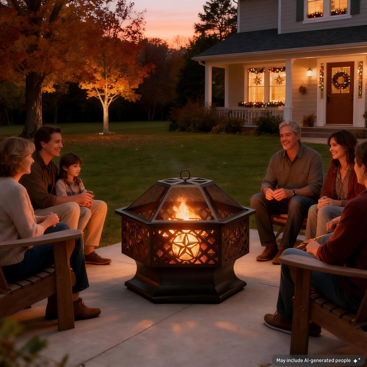 28 Inch Hexagonal Fire Pit with Spark Screen & Fire Poker Black F715