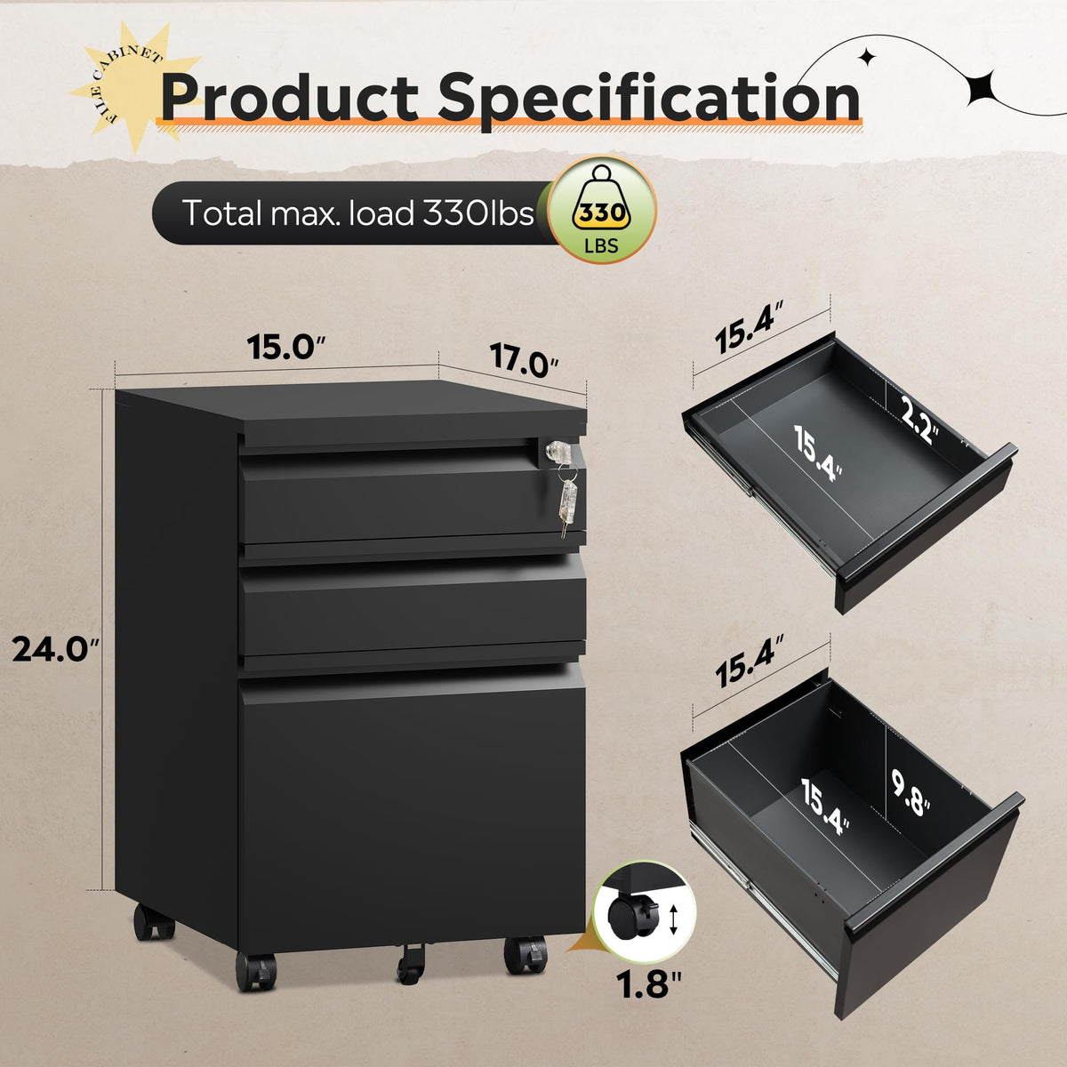 3 Drawer Mobile File Cabinet with Lock Q304497
