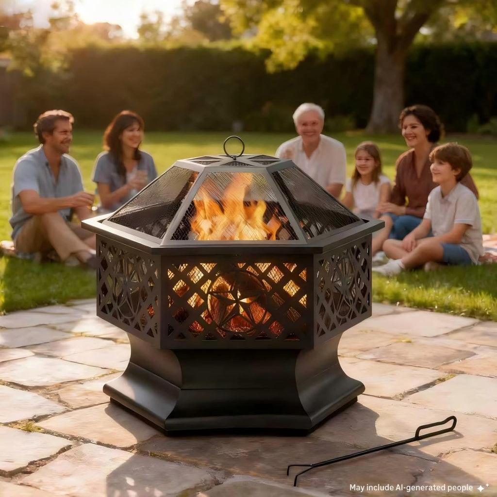 28 Inch Hexagonal Fire Pit with Spark Screen & Fire Poker Black F715