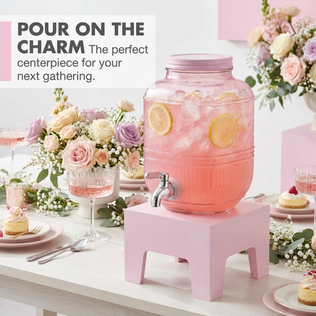Pink Glass Beverage Dispenser with Wooden Stand, 1 Gallon Q135