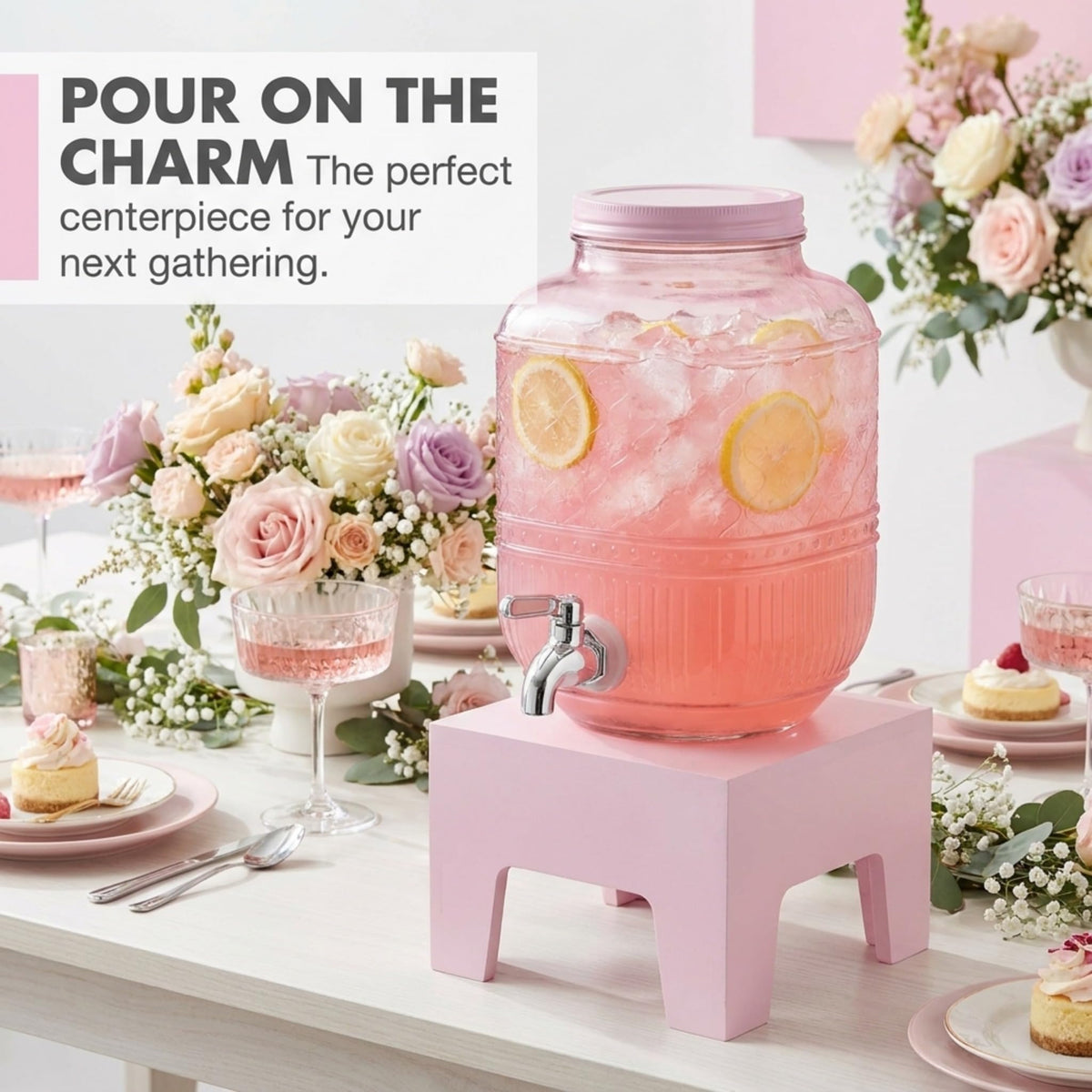 Pink Glass Beverage Dispenser with Wooden Stand, 1 Gallon Q135