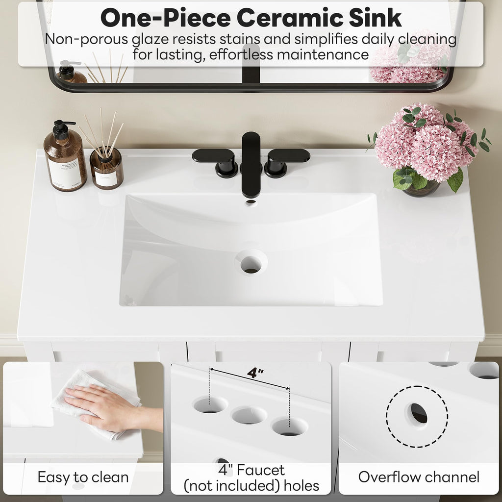 36" White Bathroom Vanity with Sink, 2 Soft-Close Drawers & Doors W72011