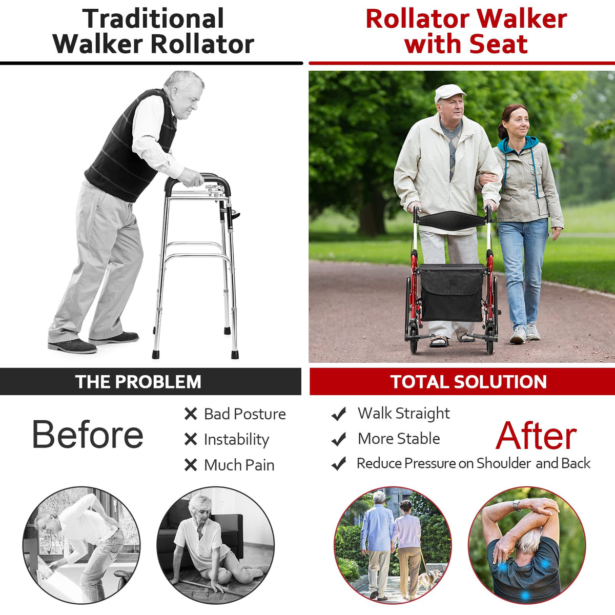 2-in-1 Folding Rollator Walker with Seat, Red O2156