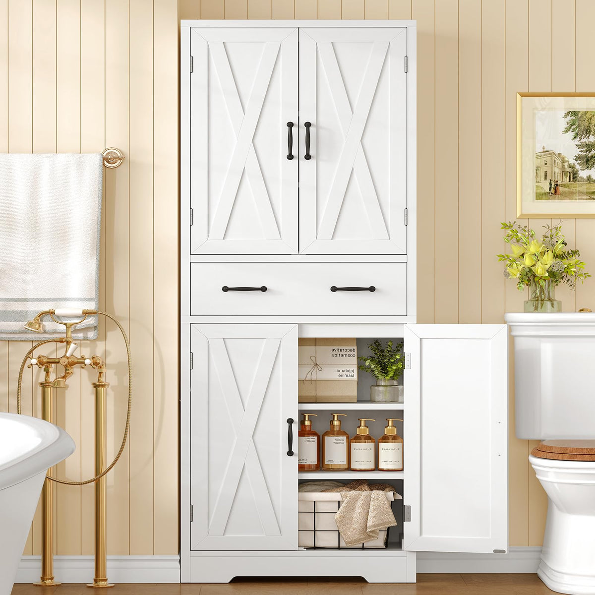 White Storage Cabinet with 2 Adjustable Shelves and Drawer I514