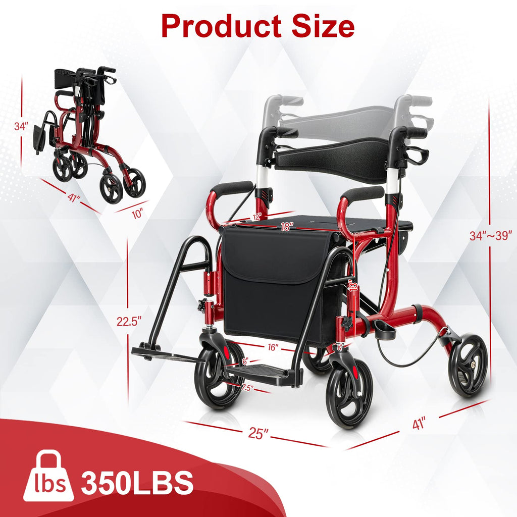 2-in-1 Folding Rollator Walker with Seat, Red O2156