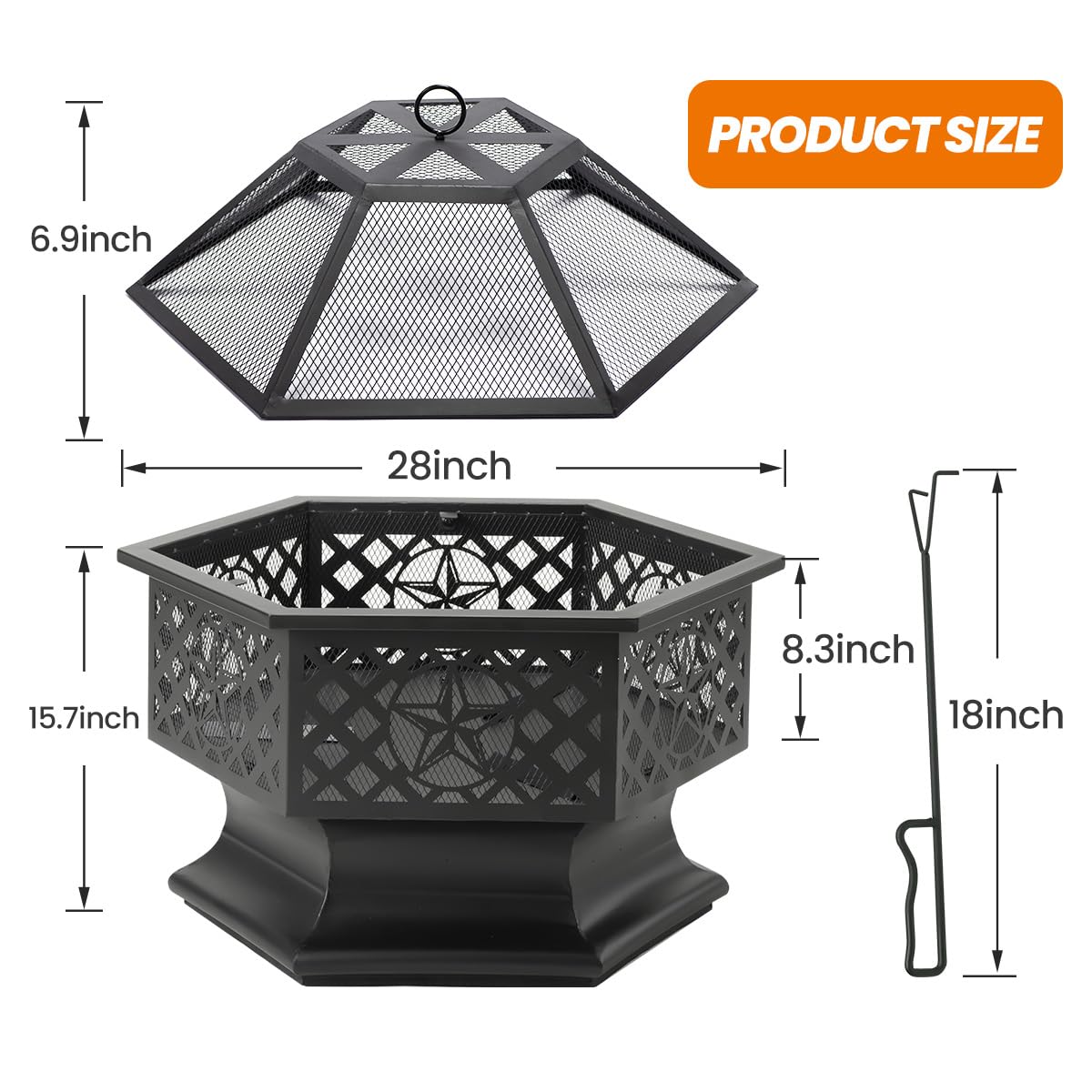 28 Inch Hexagonal Fire Pit with Spark Screen & Fire Poker Black F715