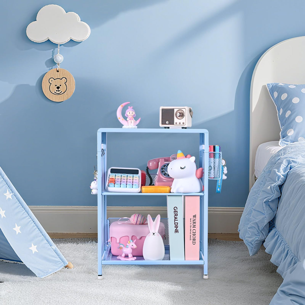 Sky Blue Kids Nightstand with Hooks and Holder H73107