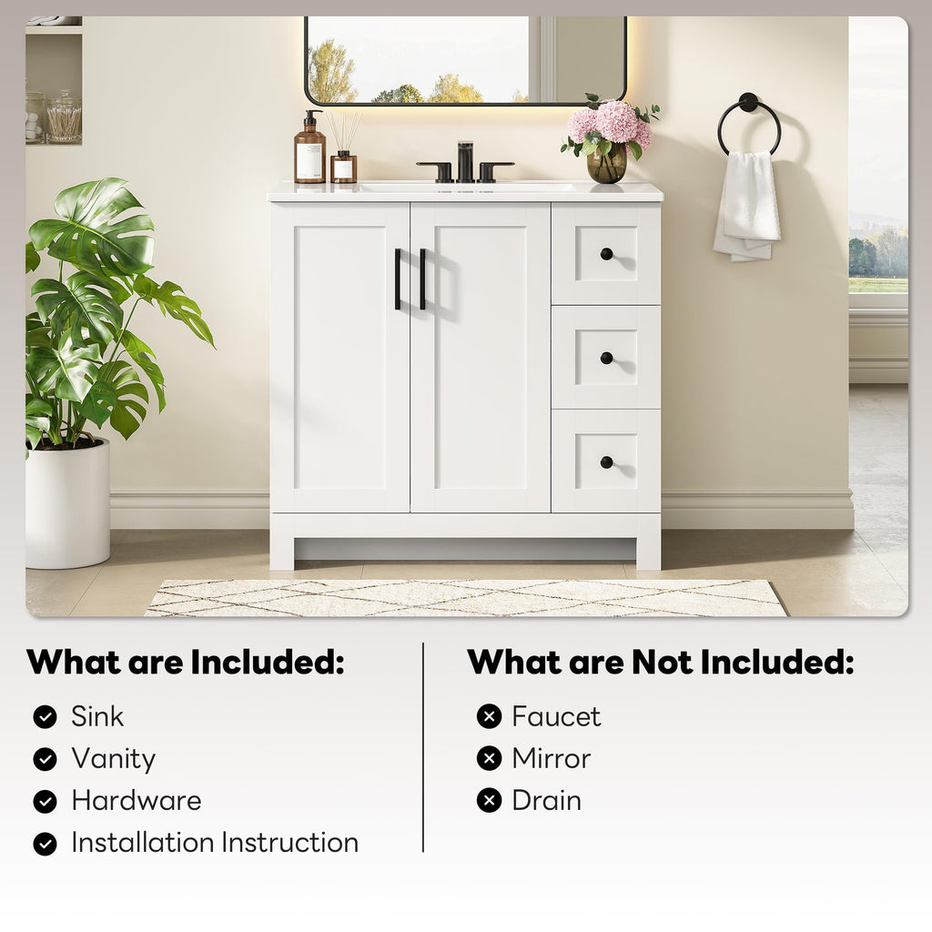 36" White Bathroom Vanity with Sink, 2 Soft-Close Drawers & Doors W72011