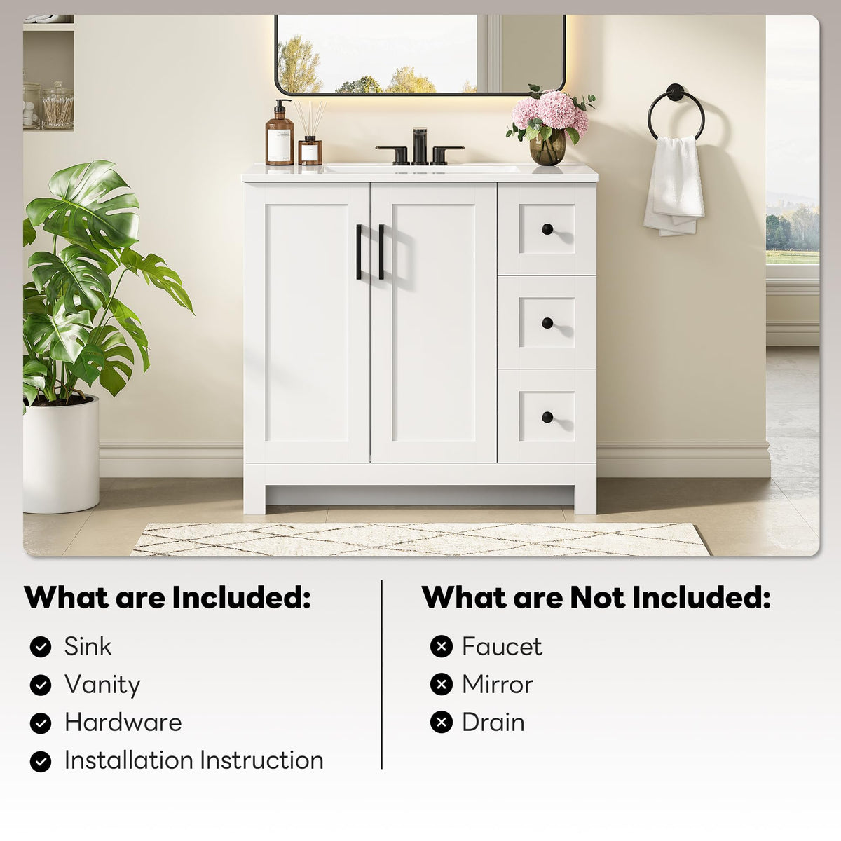 36" White Bathroom Vanity with Sink, 2 Soft-Close Drawers & Doors W72011