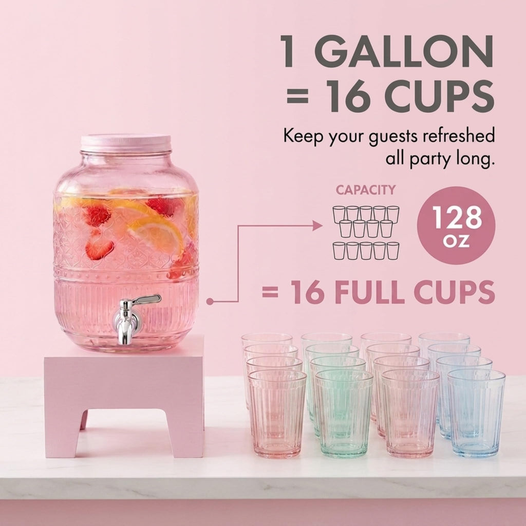 Pink Glass Beverage Dispenser with Wooden Stand, 1 Gallon Q135