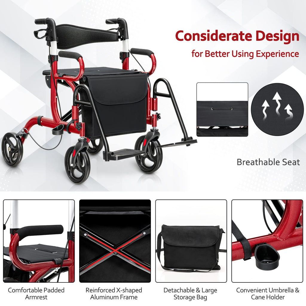 2-in-1 Folding Rollator Walker with Seat, Red O2156