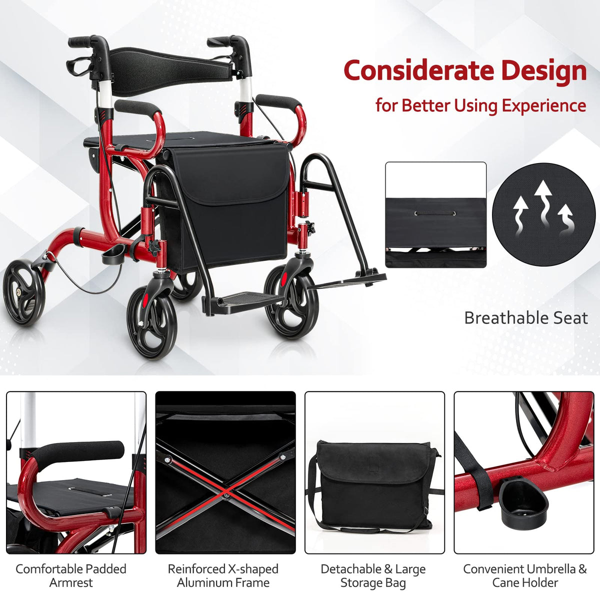2-in-1 Folding Rollator Walker with Seat, Red O2156