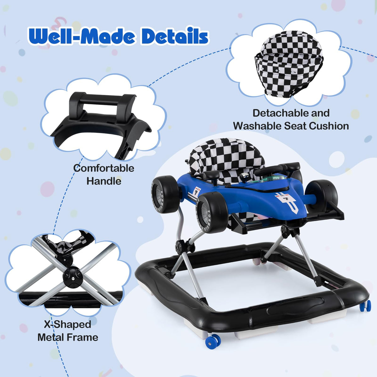 Foldable Baby Walker with Adjustable Heights and Wheels V8303