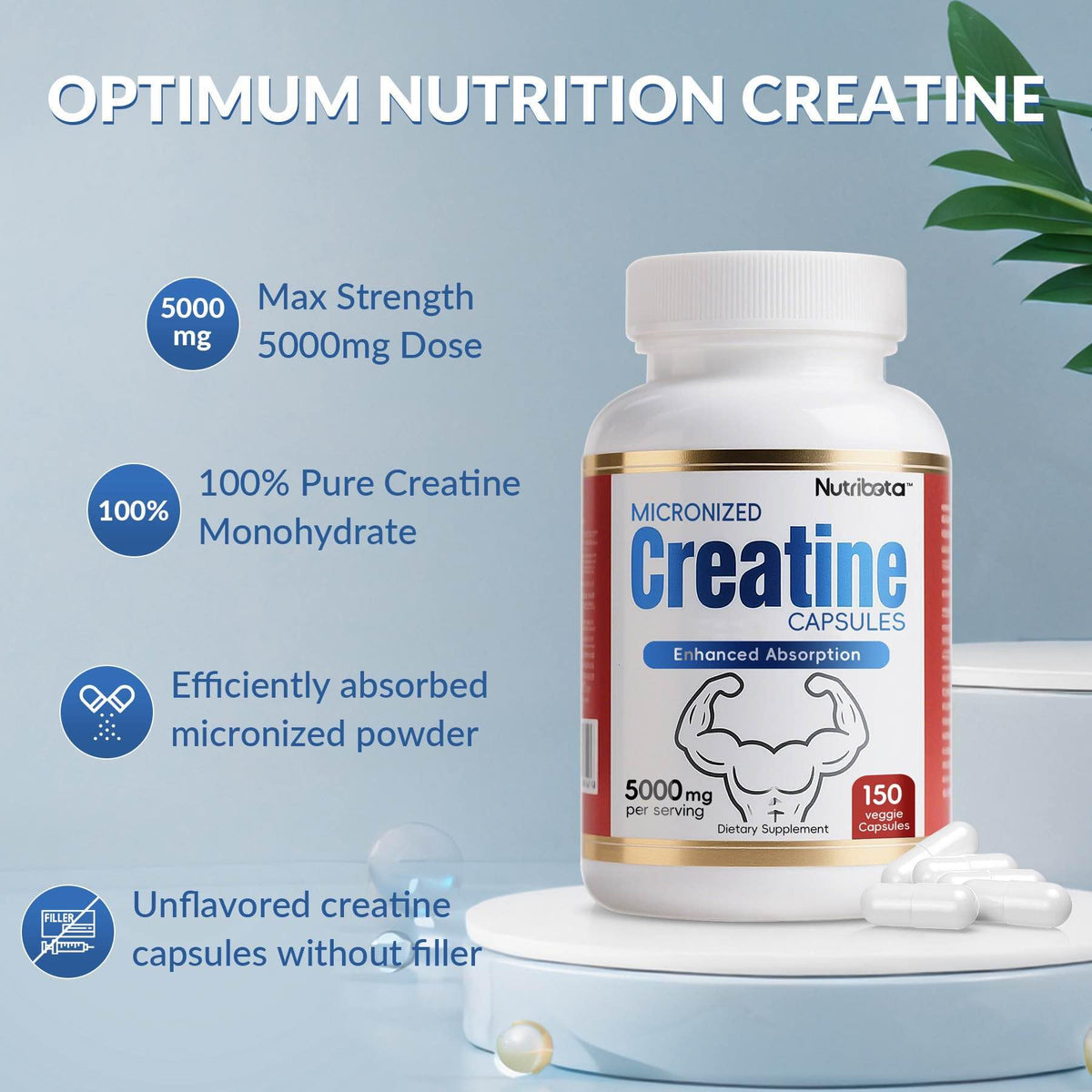 5000mg Micronized Creatine Monohydrate Capsules with Vitamin B12, Vegan, Gluten Free, 150 Count D793801