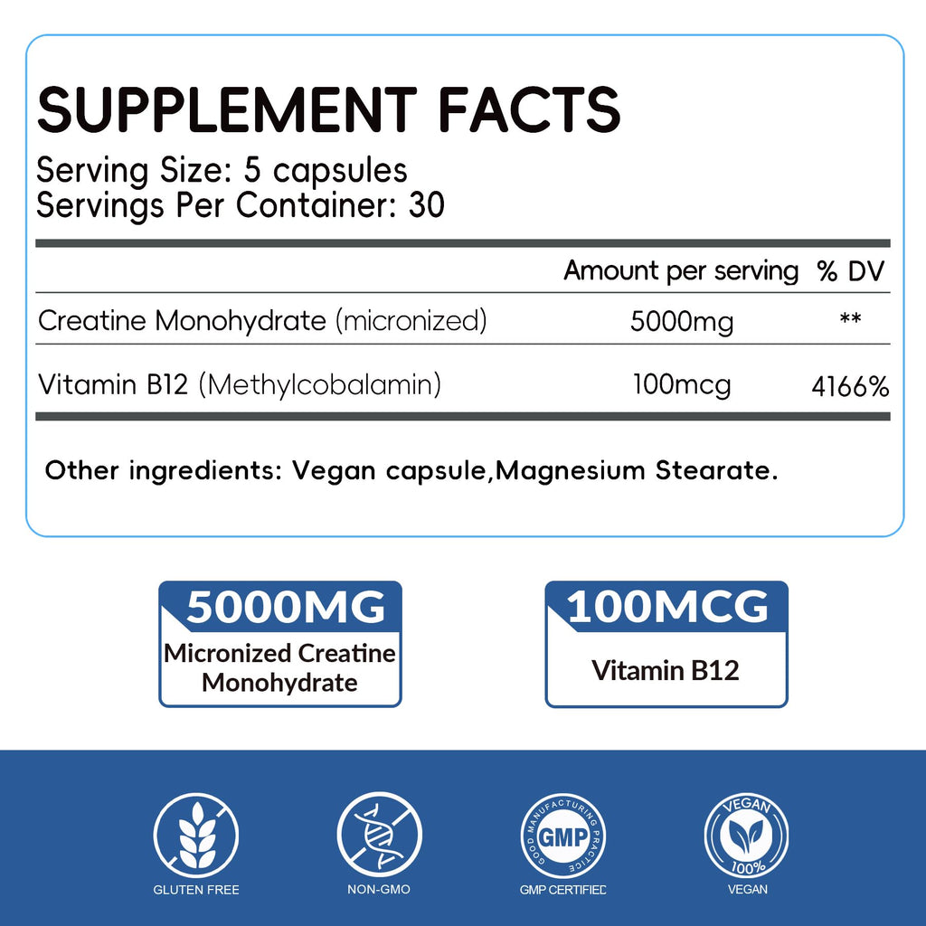 5000mg Micronized Creatine Monohydrate Capsules with Vitamin B12, Vegan, Gluten Free, 150 Count D793801