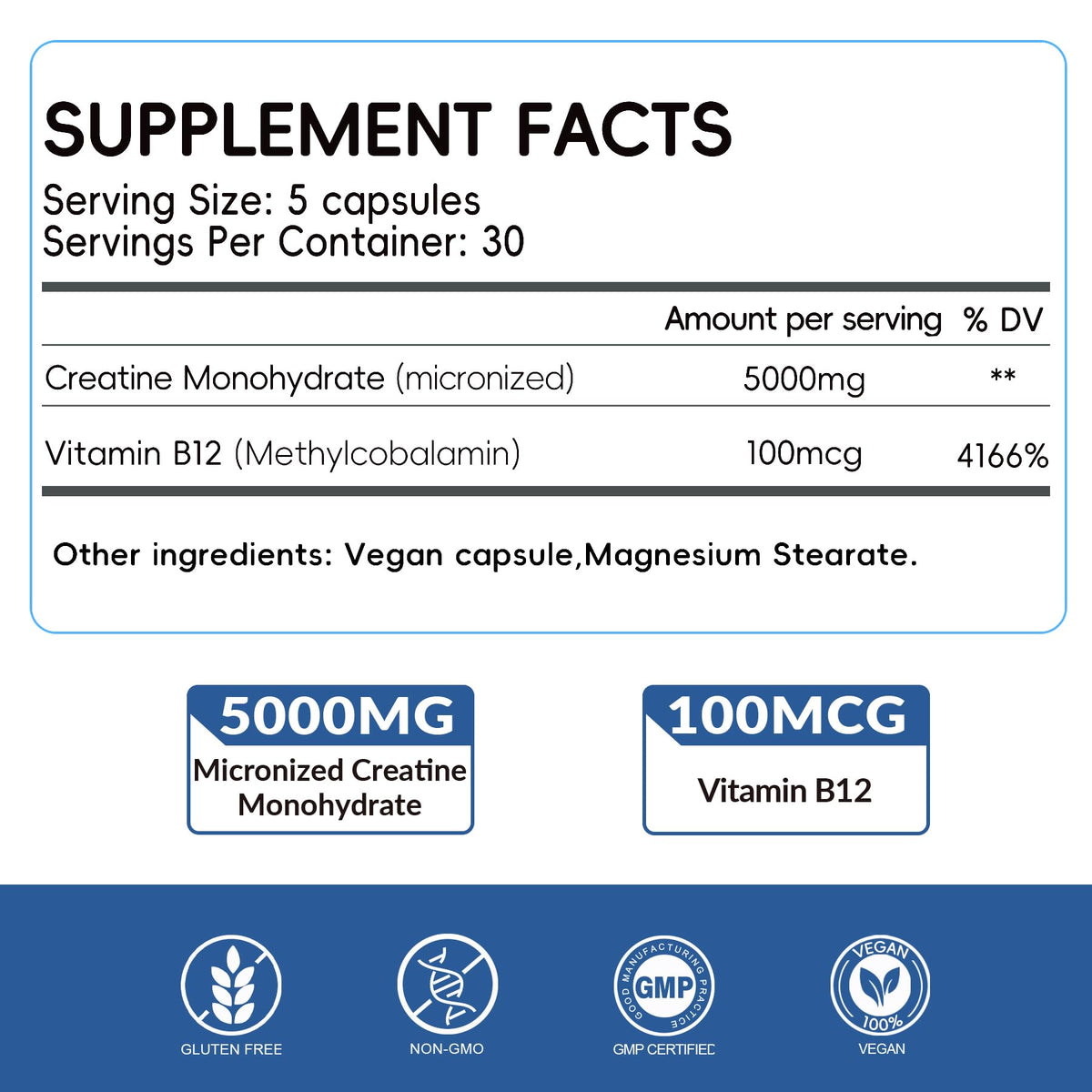 5000mg Micronized Creatine Monohydrate Capsules with Vitamin B12, Vegan, Gluten Free, 150 Count D793801