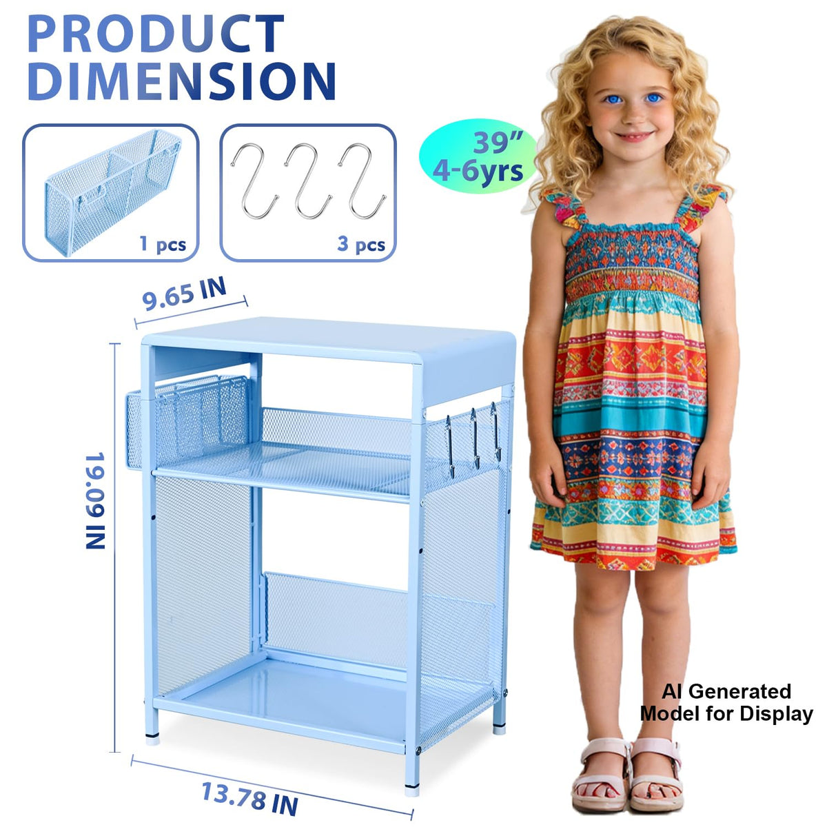 Sky Blue Kids Nightstand with Hooks and Holder H73107