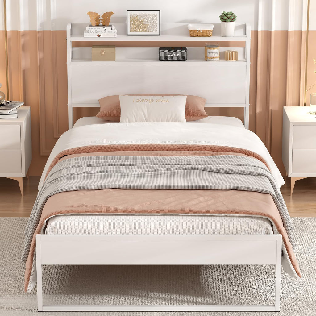 White Metal Twin Bed Frame with 2-Tier Storage Headboard F91979