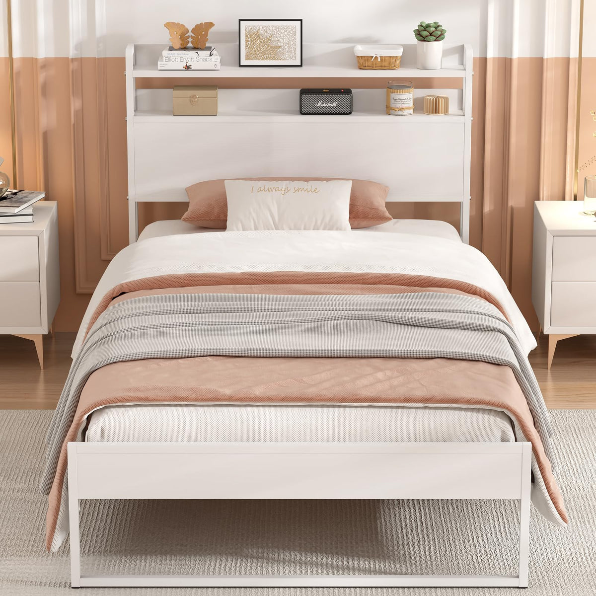 White Metal Twin Bed Frame with 2-Tier Storage Headboard F91979
