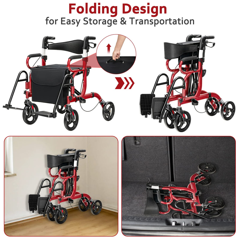 2-in-1 Folding Rollator Walker with Seat, Red O2156