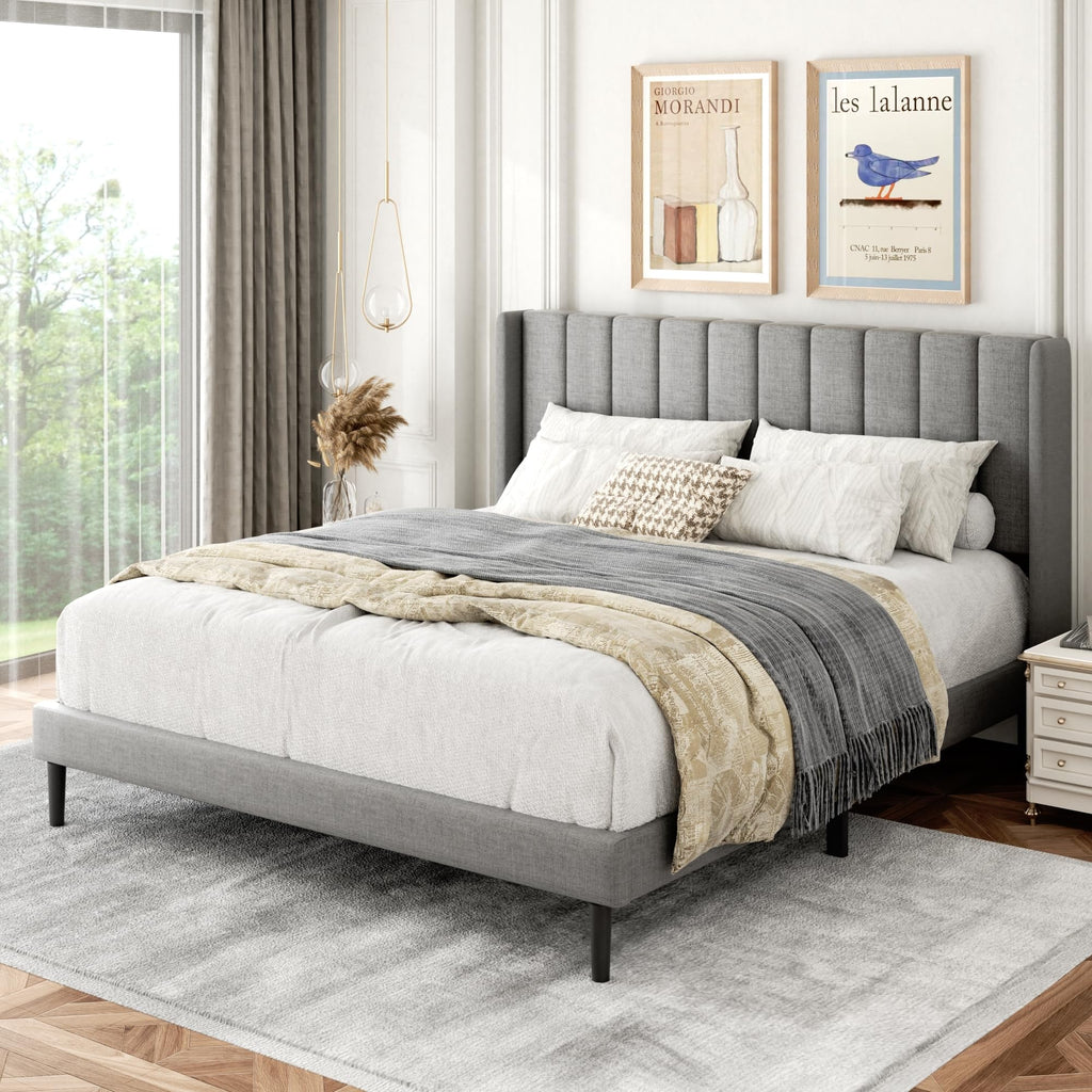 Queen Size Upholstered Platform Bed Frame with Wingback Headboard S364