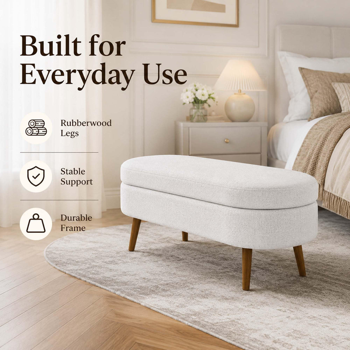 White Oval Storage Ottoman Bench with Rubber Wood Legs U74318