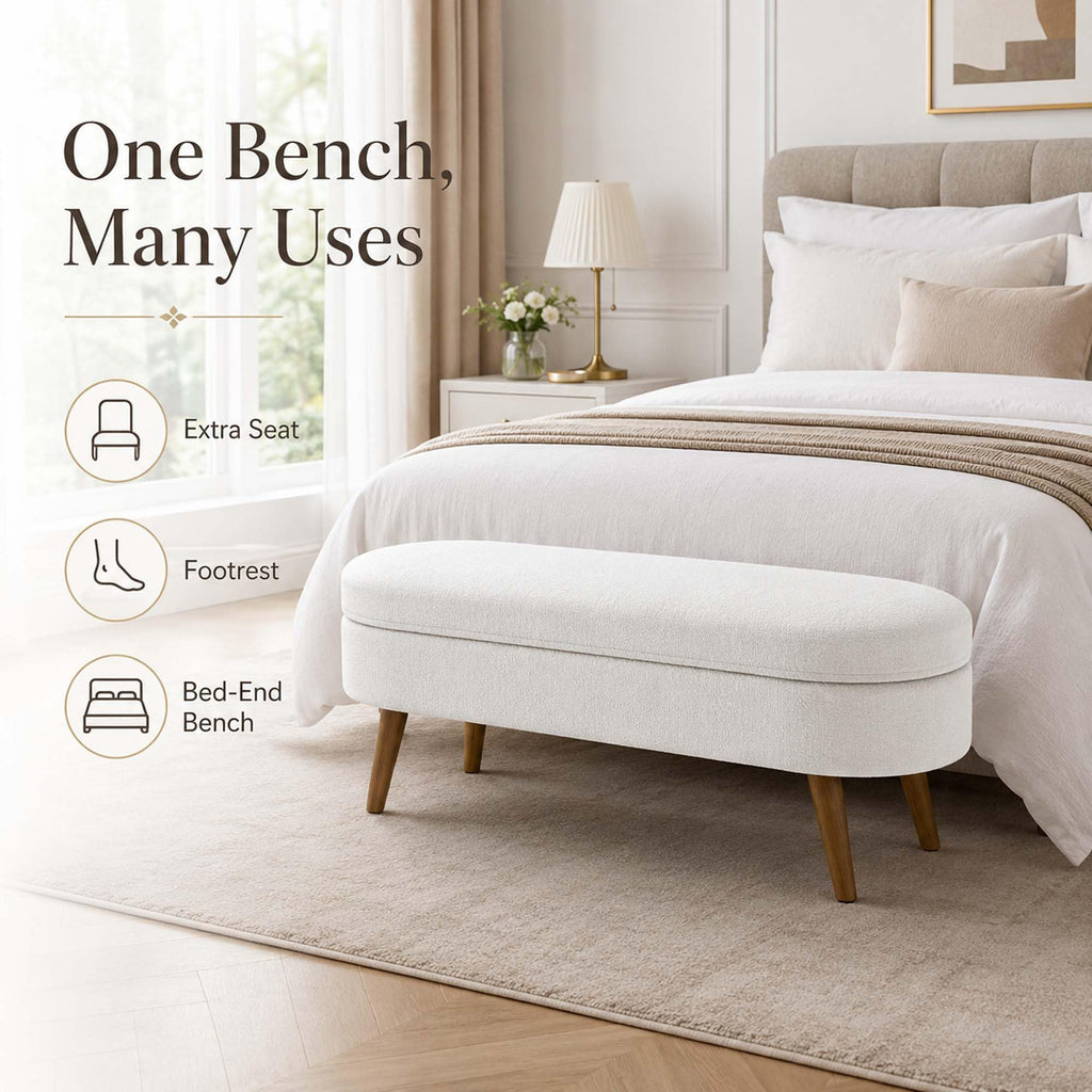 White Oval Storage Ottoman Bench with Rubber Wood Legs U74318