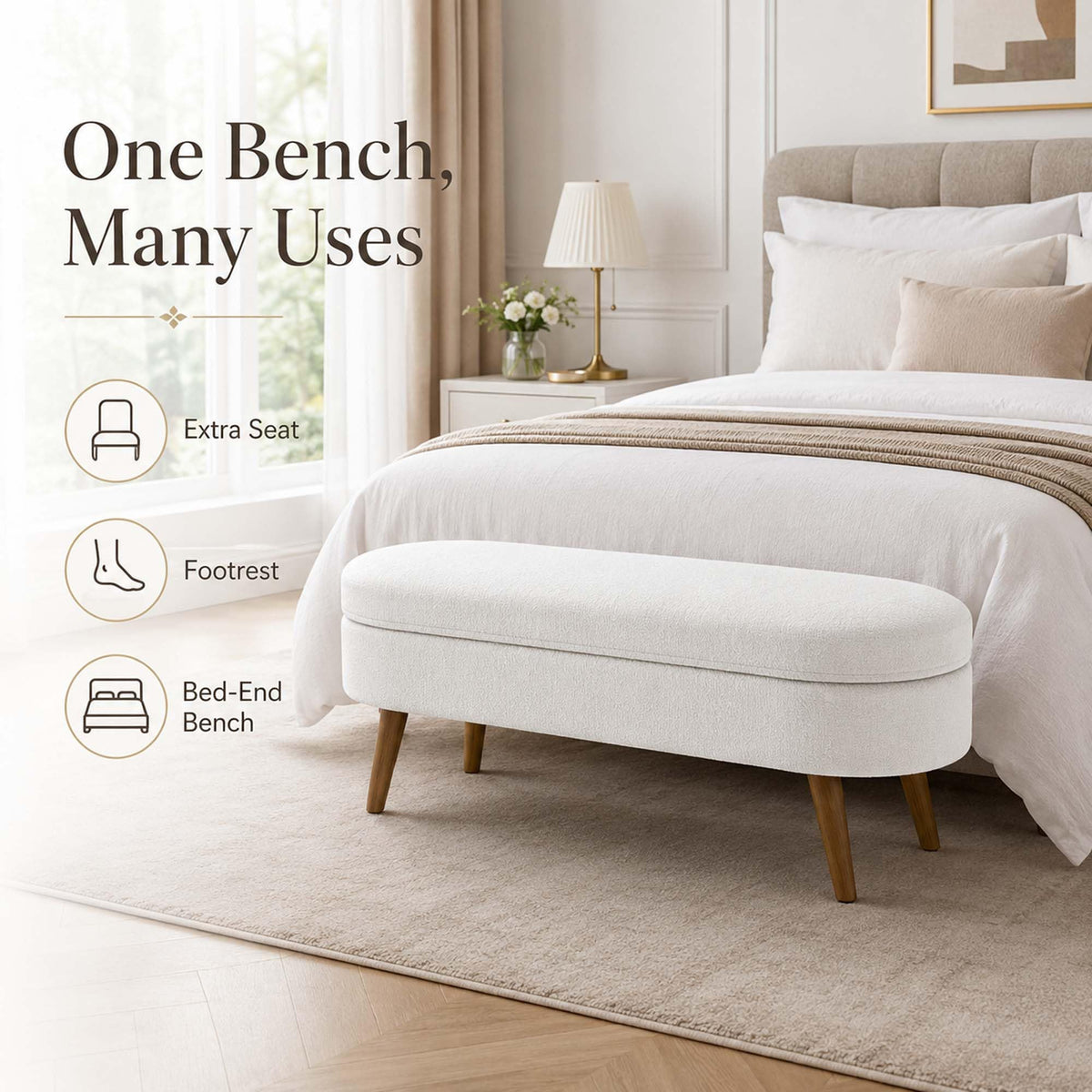 White Oval Storage Ottoman Bench with Rubber Wood Legs U74318