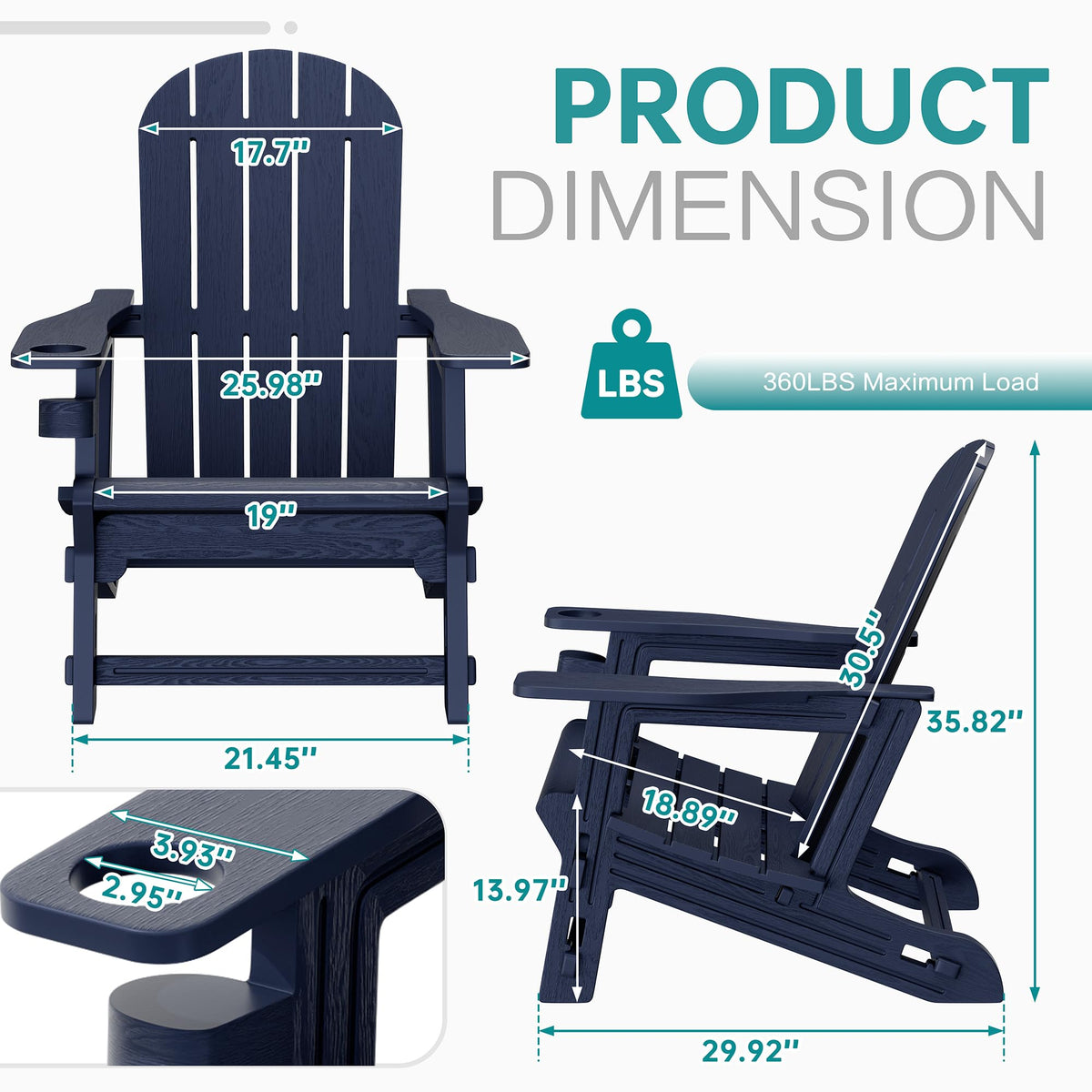 Dark Blue HDPE Adirondack Chairs Set of 2 with Cup Holder W73755