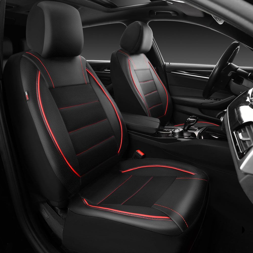 Black Red Faux Leather Front Seat Covers W5713