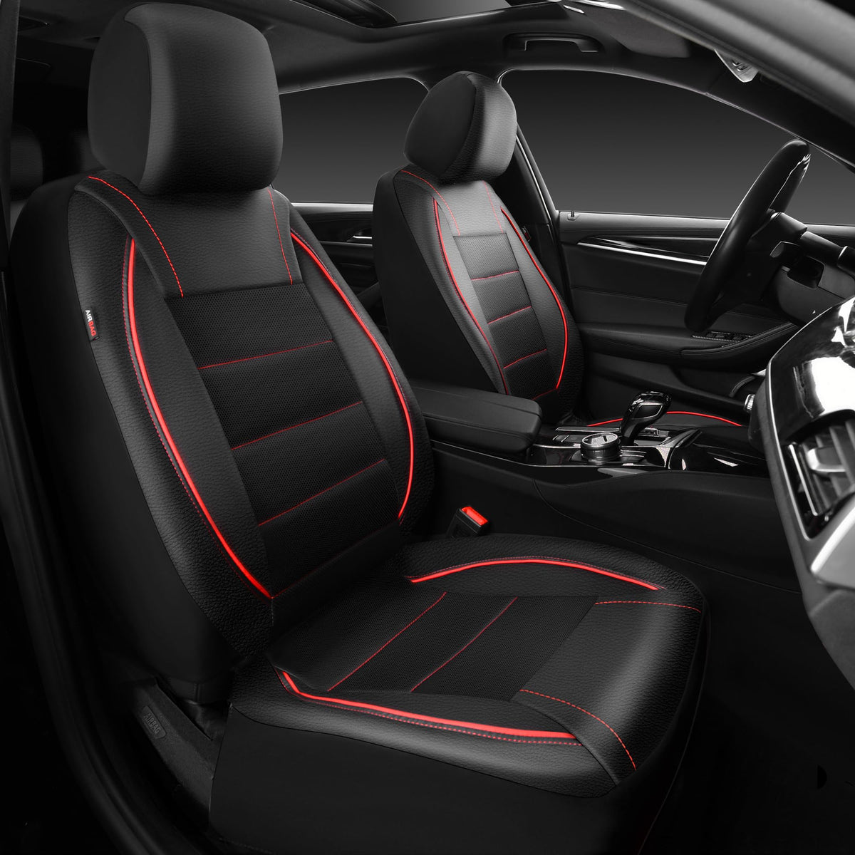 Black Red Faux Leather Front Seat Covers W5713