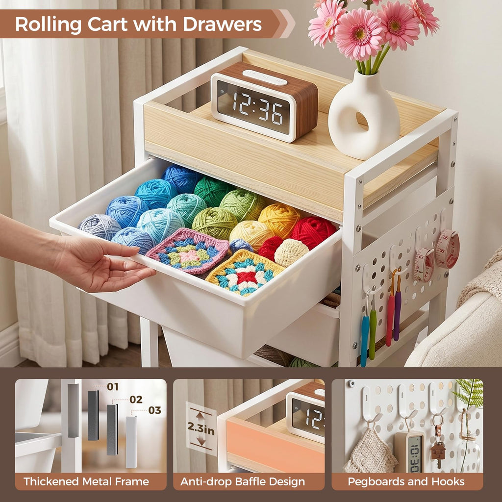 5 Tier Rolling Cart with Drawers, White I58244