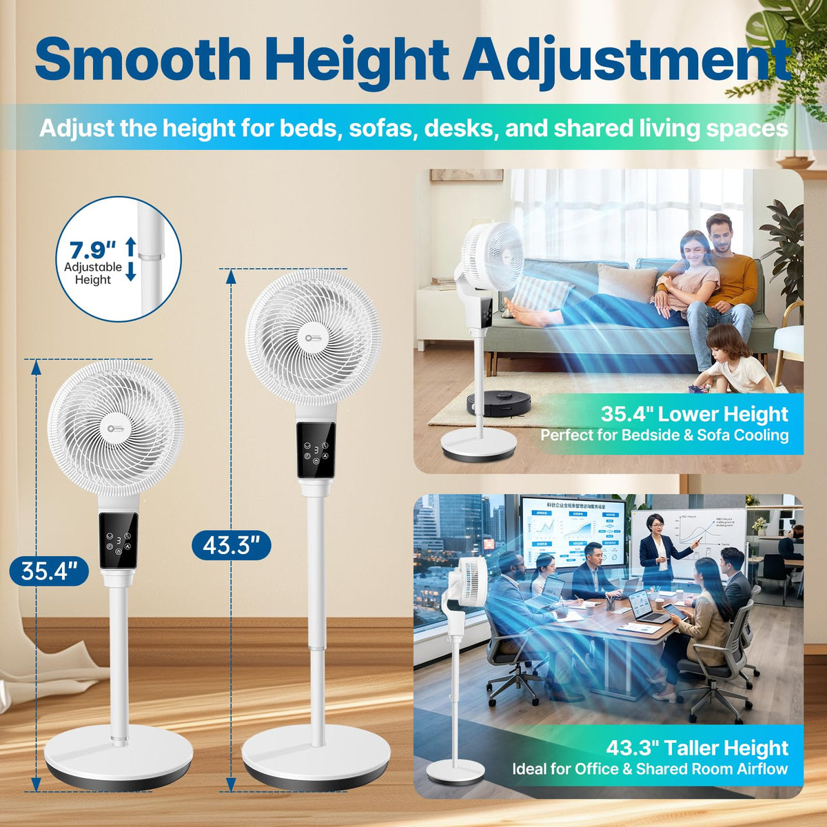 Oscillating Fan, 360° Air Circulator Pedestal Fan, 43.3” Adjustable Height J2469