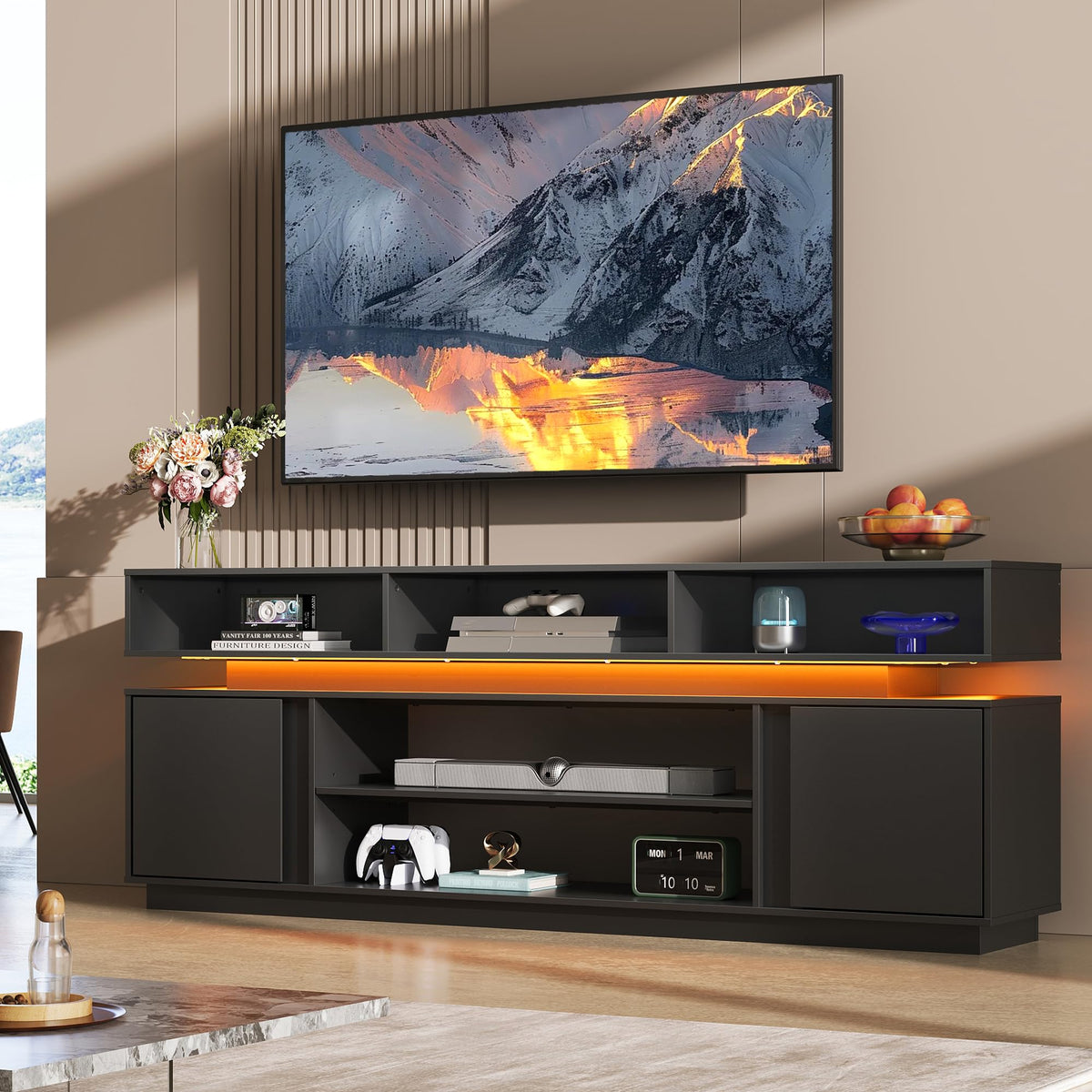 Black 2 Tier TV Stand with RGB LED Lights and Storage Cabinets W98663
