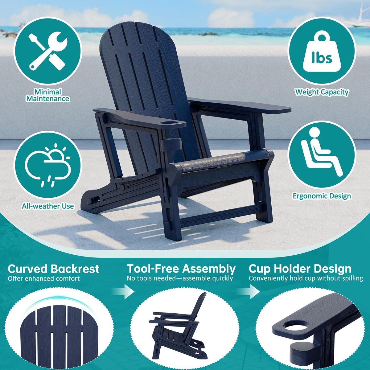 Dark Blue HDPE Adirondack Chairs Set of 2 with Cup Holder W73755