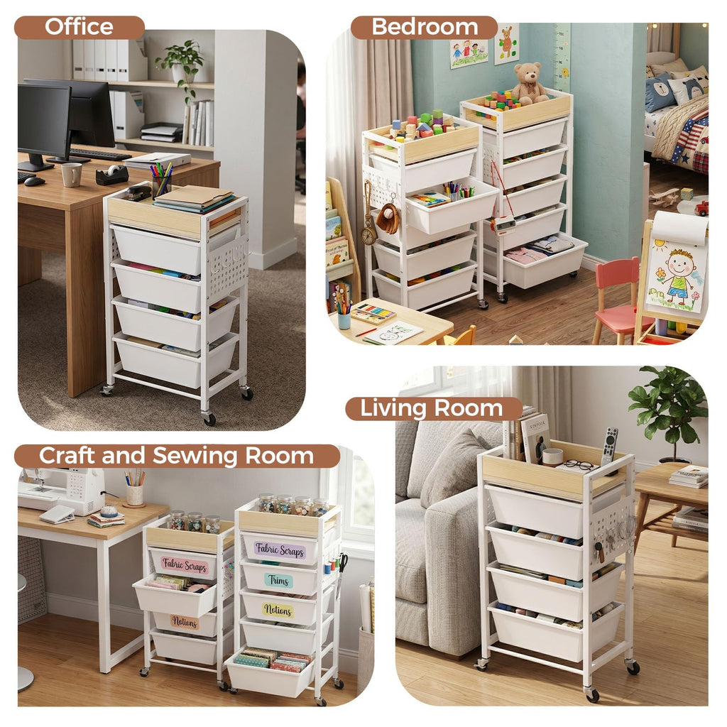 5 Tier Rolling Cart with Drawers, White I58244