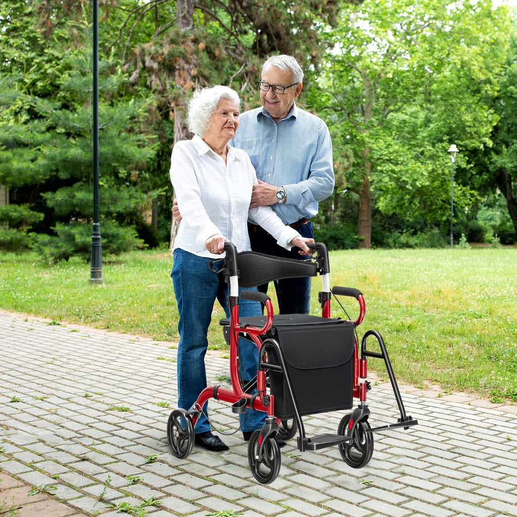 2-in-1 Folding Rollator Walker with Seat, Red O2156