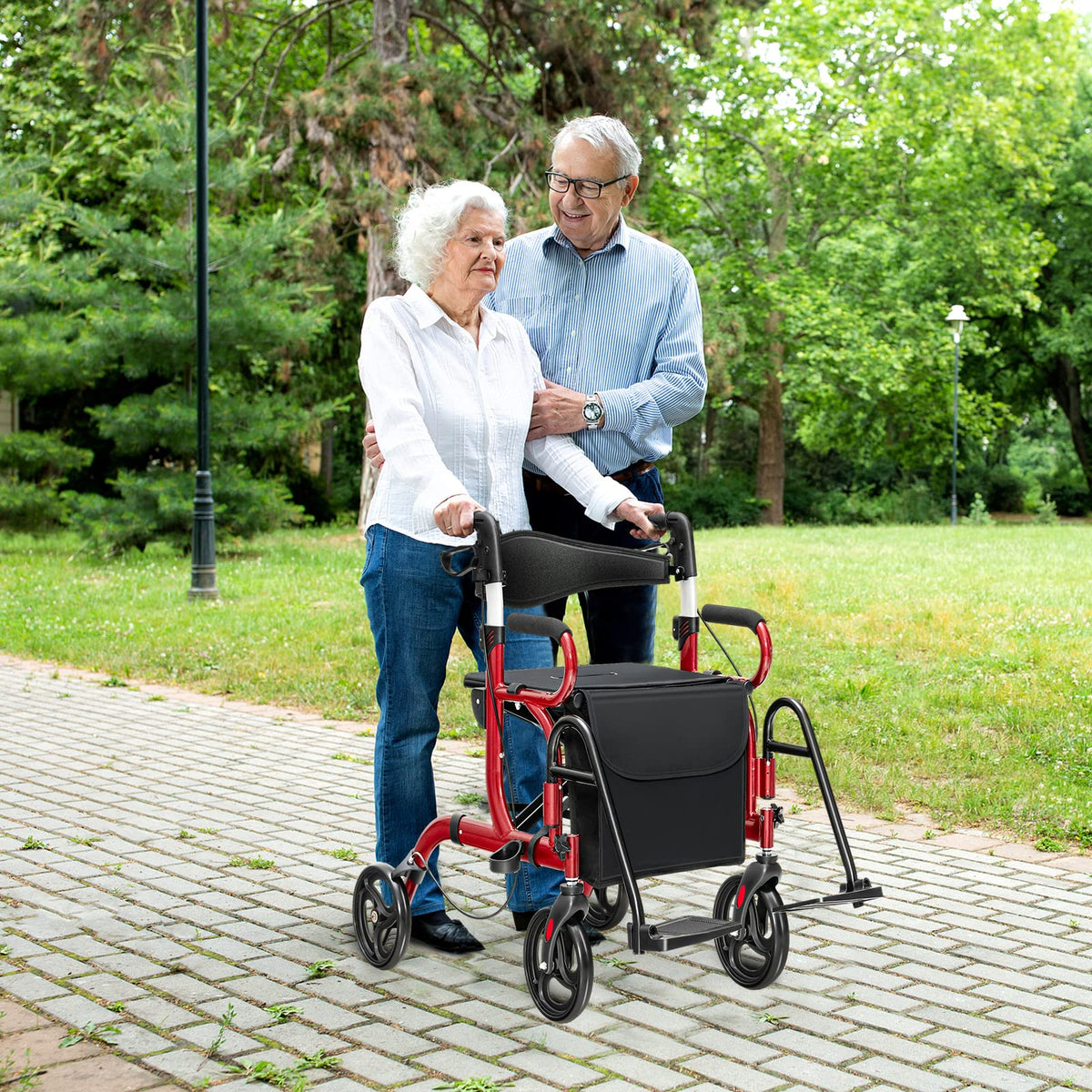 2-in-1 Folding Rollator Walker with Seat, Red O2156