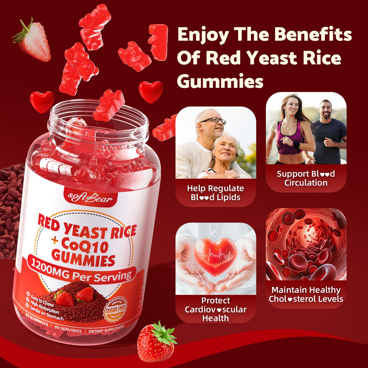 Sugar Free Red Yeast Rice with CoQ10 1200mg Strawberry Flavor 120 Count T884