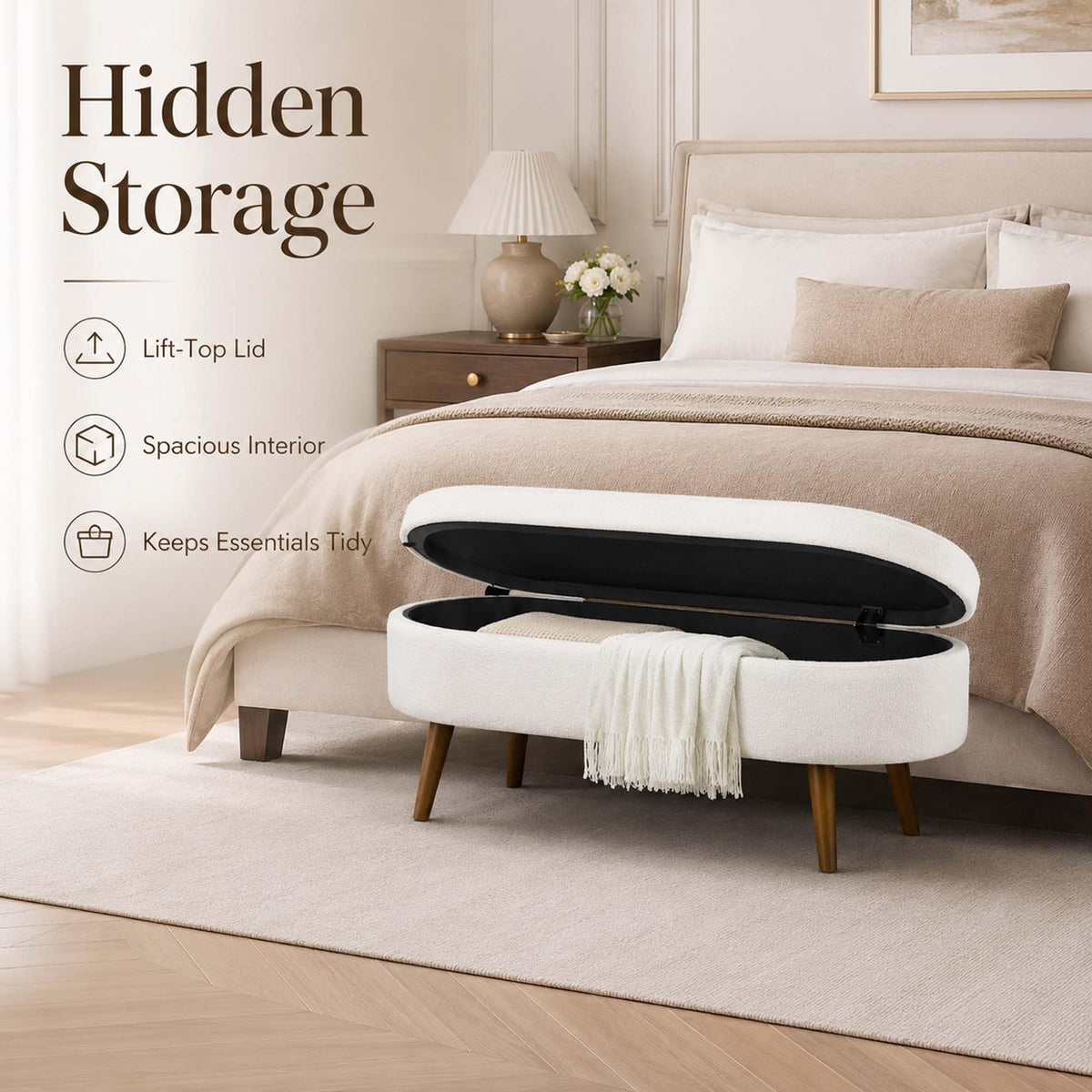 White Oval Storage Ottoman Bench with Rubber Wood Legs U74318
