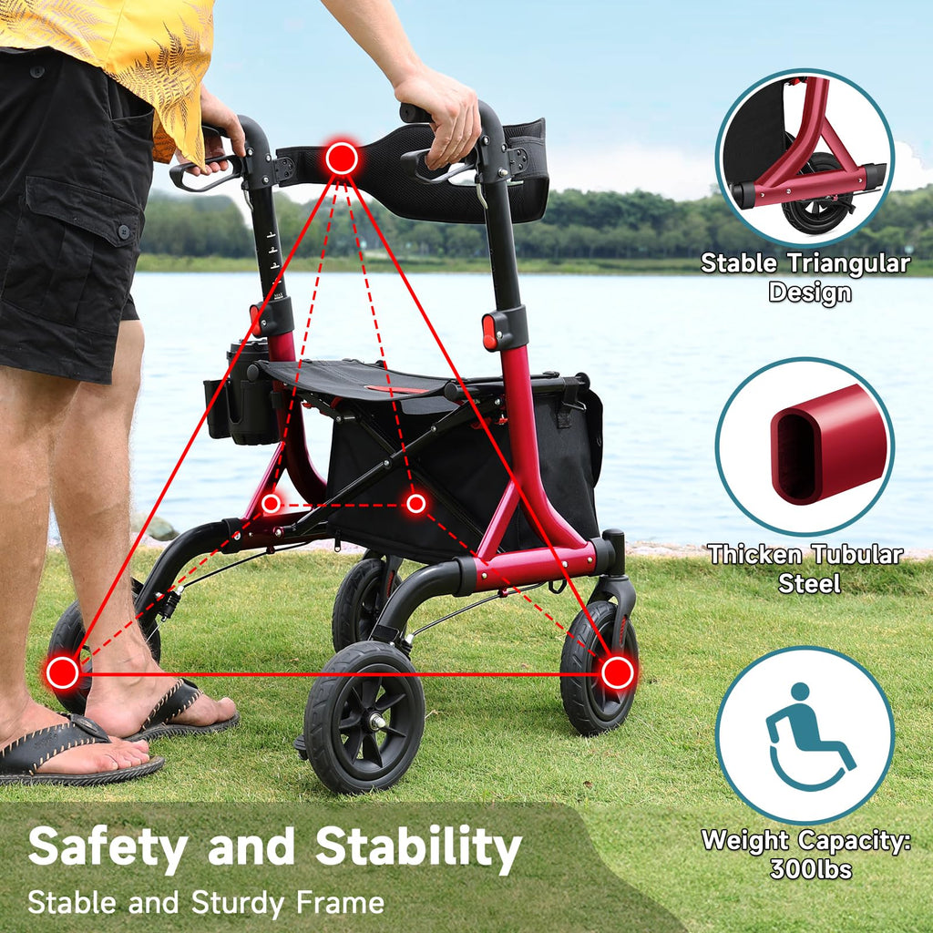 Red Foldable Rollator Walker with Seat, 8" Rubber Wheels and Backrest Q1519