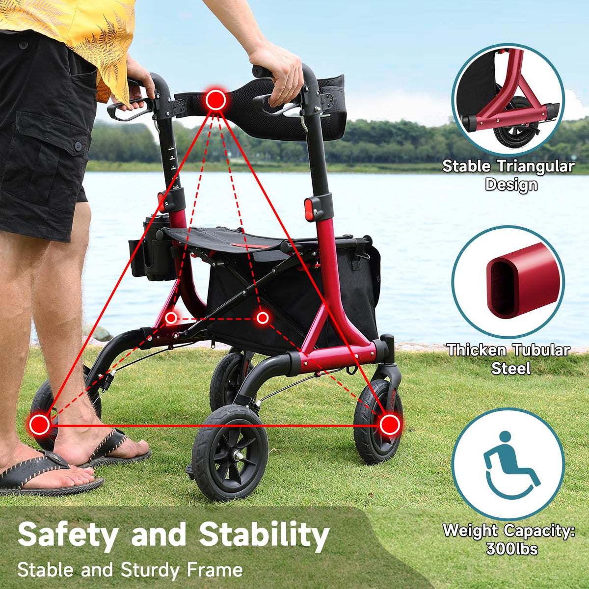 Red Foldable Rollator Walker with Seat, 8" Rubber Wheels and Backrest Q1519