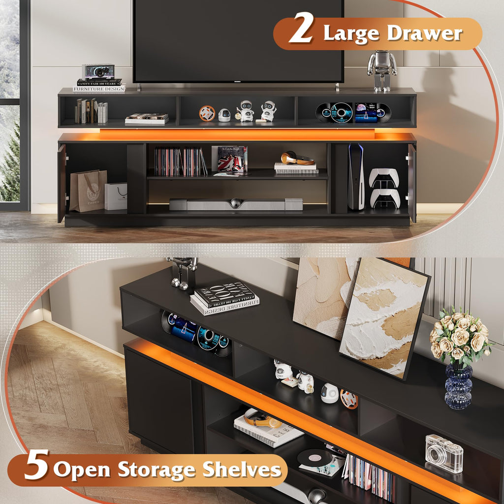 Black 2 Tier TV Stand with RGB LED Lights and Storage Cabinets W98663